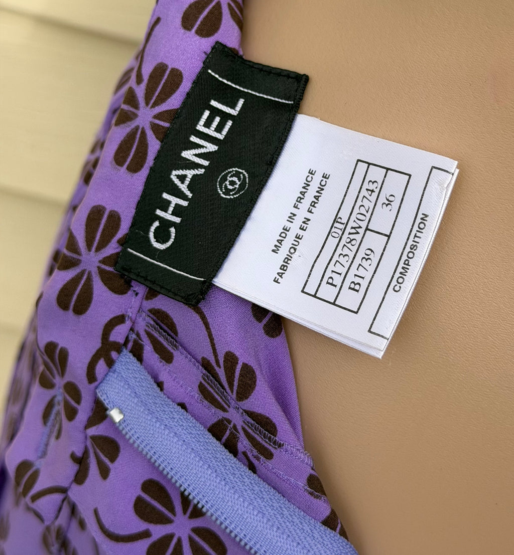 Rare Vintage Chanel 2002 Purple CC Monogram Floral Silk Wool Top & Skirt Set FR36