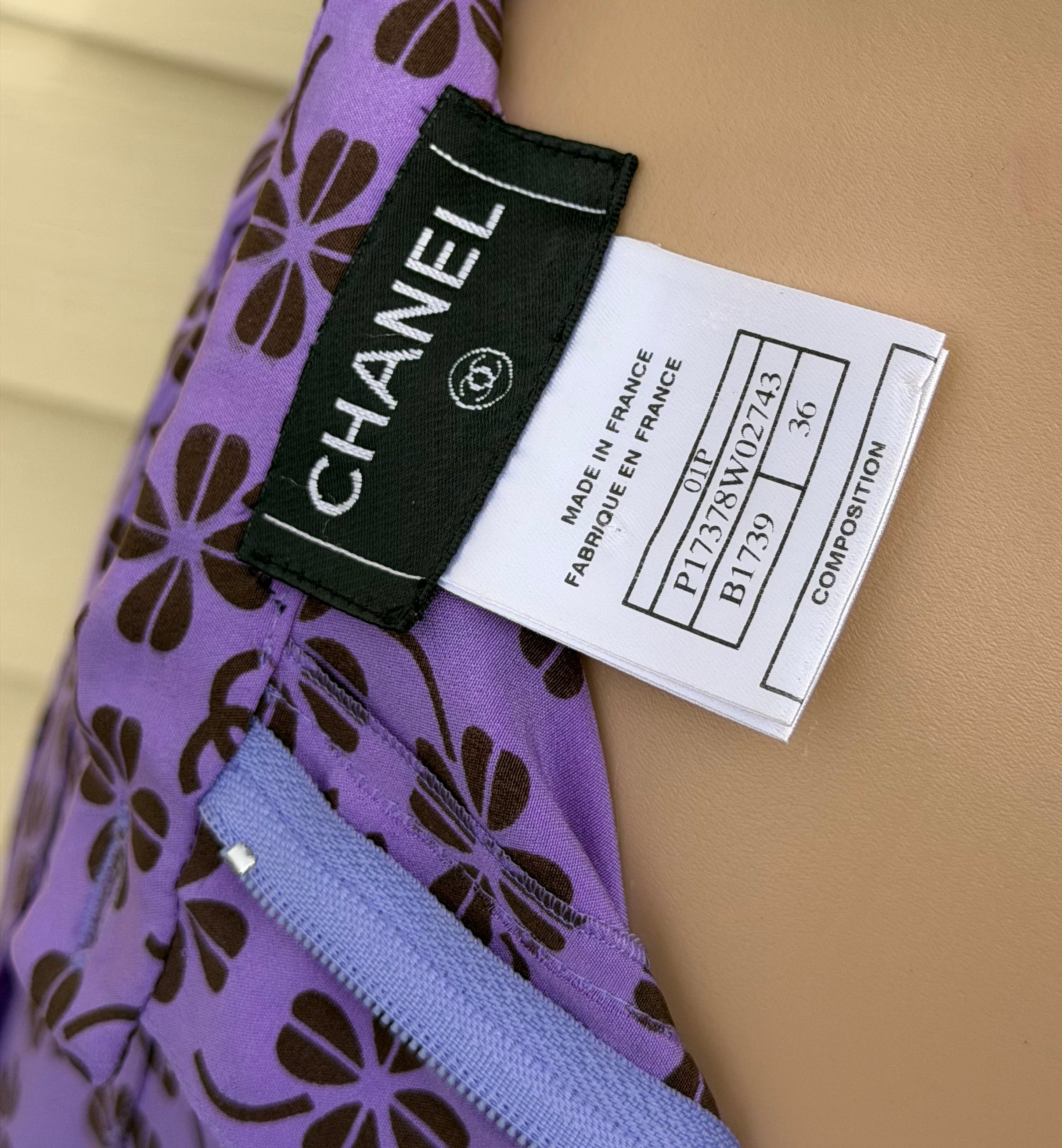 Rare Vintage Chanel 2002 Purple CC Monogram Floral Silk Wool Top & Skirt Set FR36