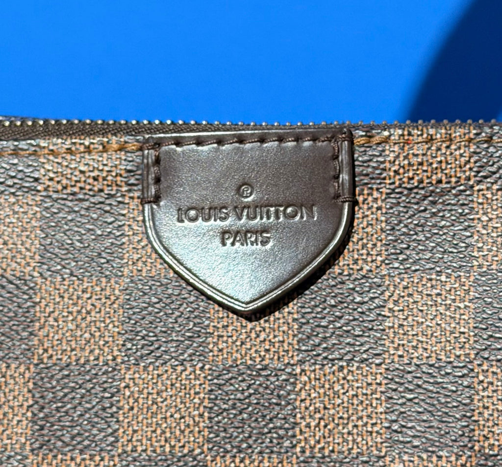 Louis Vuitton Caissa MM Damier Ebene Tote Bag Red Cerise Leather Trim