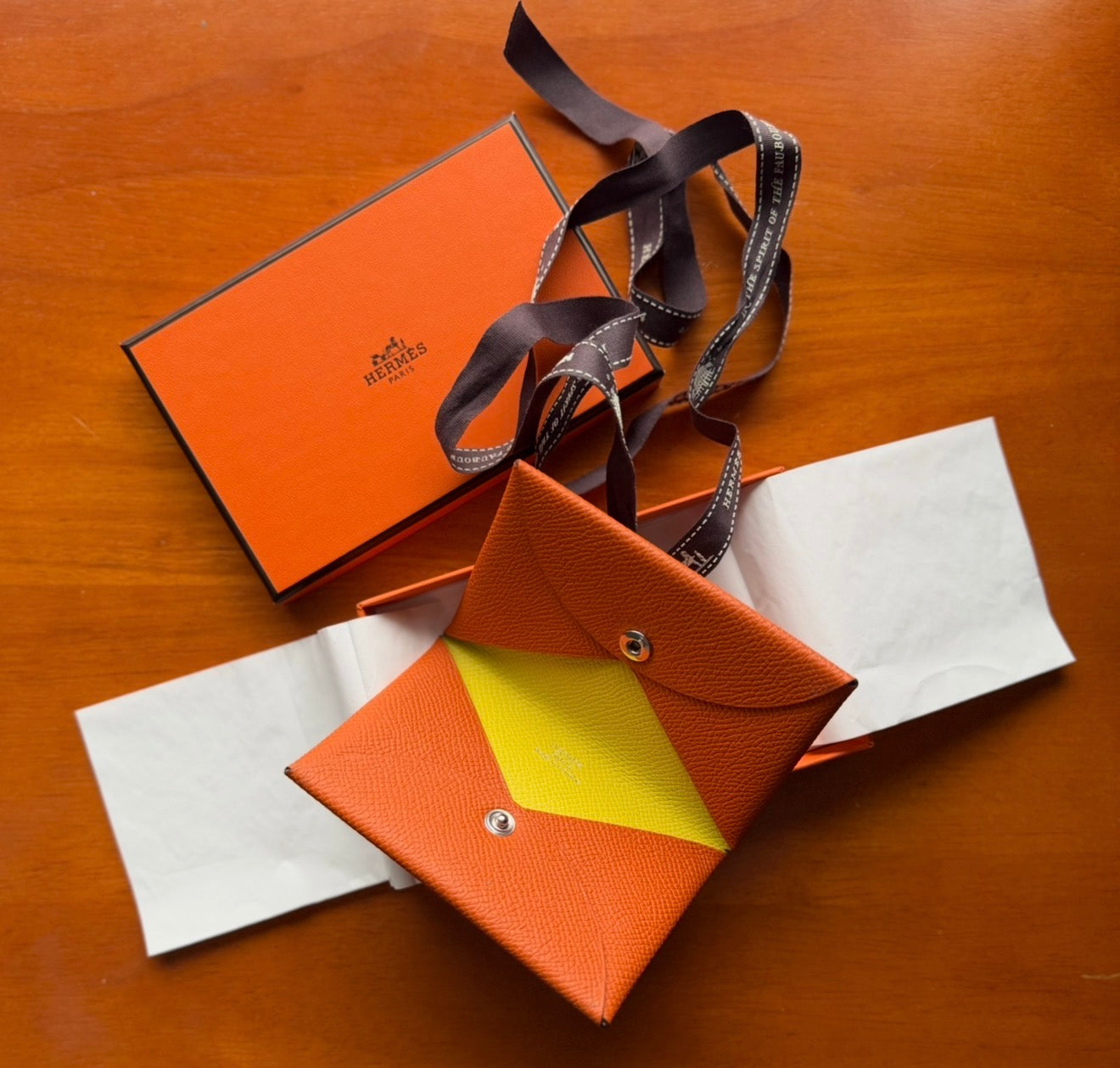 Hermès Calvi Duo Card Holder In Orange And Lime Epsom Leather