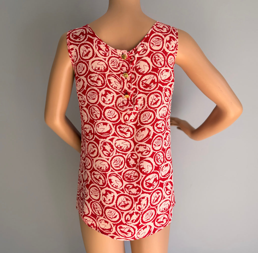 Vintage Chanel Red & Ivory Graphic Print Sleeveless Top Karl Lagerfeld Era Made in France (36)