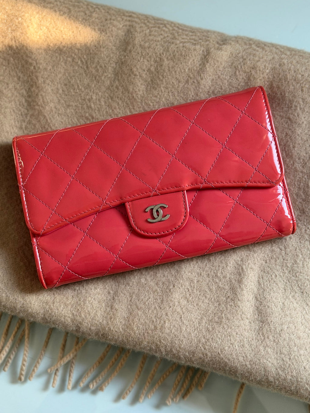 Chanel Pink Quilted Patent Leather L Flap Wallet