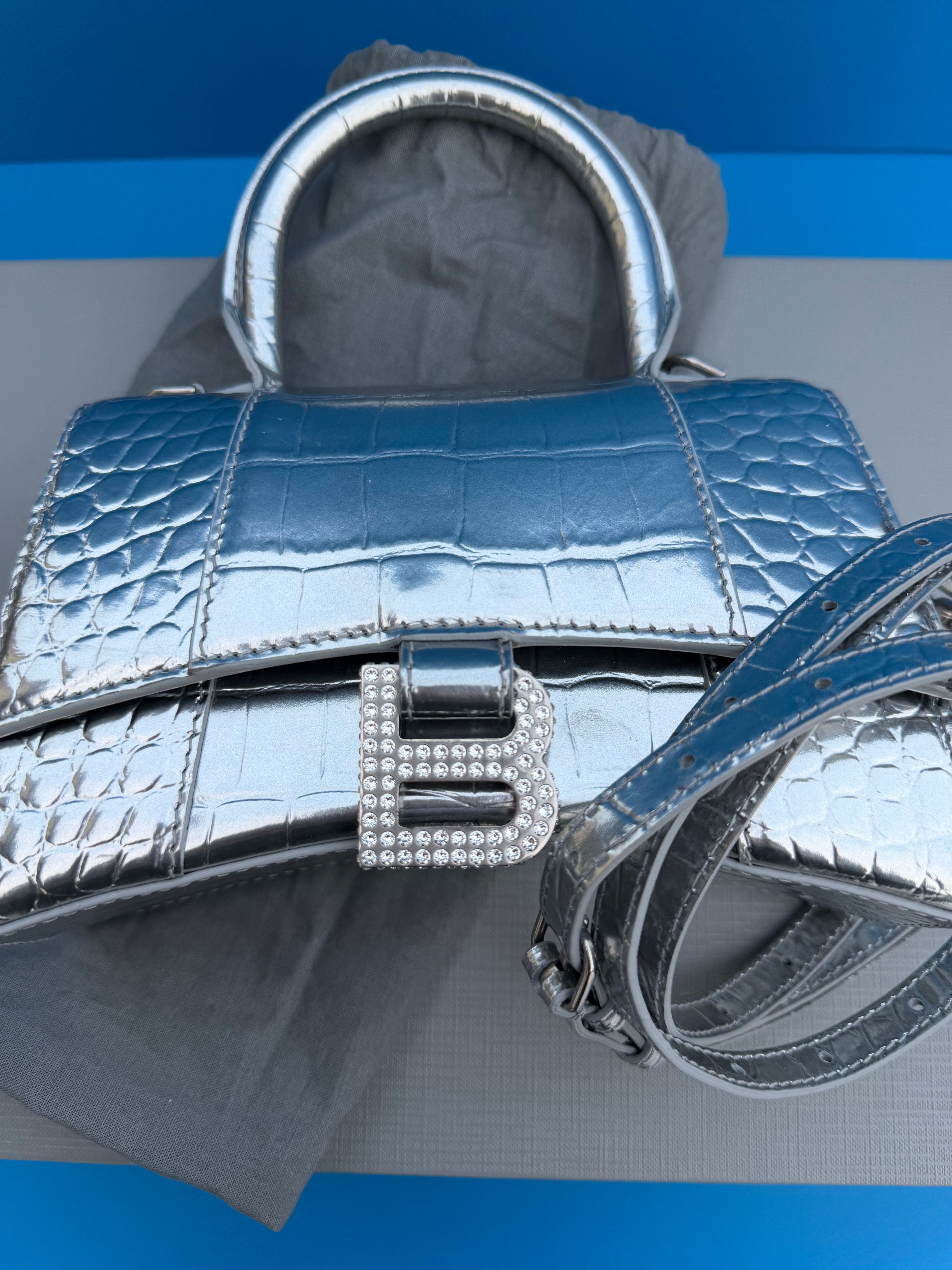 Balenciaga Metallic Crocodile Embossed Hourglass Top Handle Bag XS Silver Women