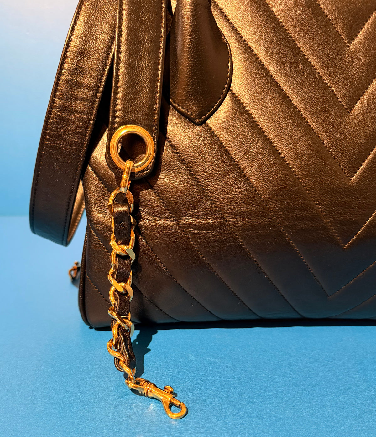 Chanel Medium Chevron V Stitch Black Lambskin Leather Top Handle Bag