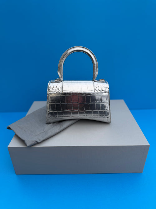Balenciaga Metallic Crocodile Embossed Hourglass Top Handle Bag XS Silver Women