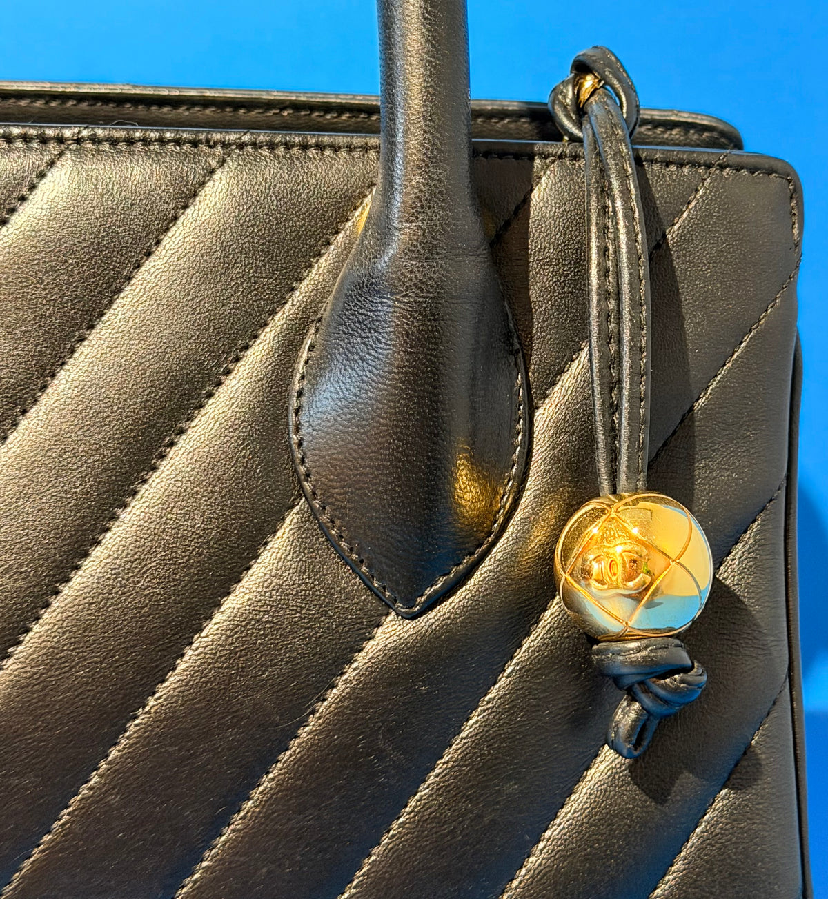 Chanel Medium Chevron V Stitch Black Lambskin Leather Top Handle Bag