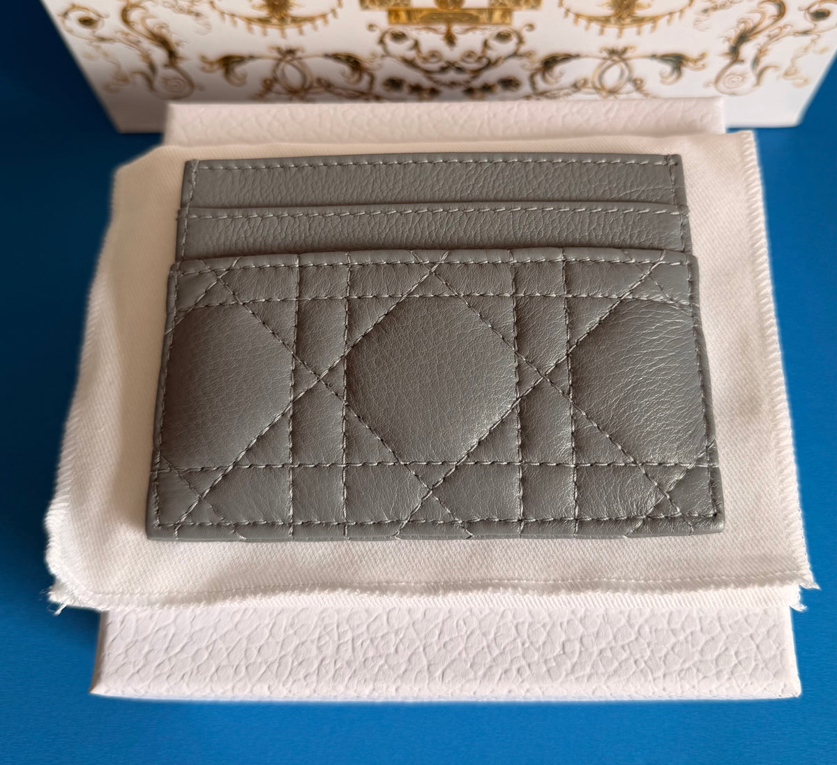 Christian Dior Calfskin Cannage Caro Freesia Card Holder Cloud Blue