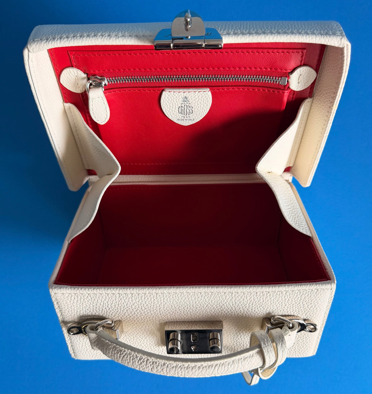Authentic Mark Cross 1845 Mini Trunk Bag Bone Pebbled Leather Red Lining NWT