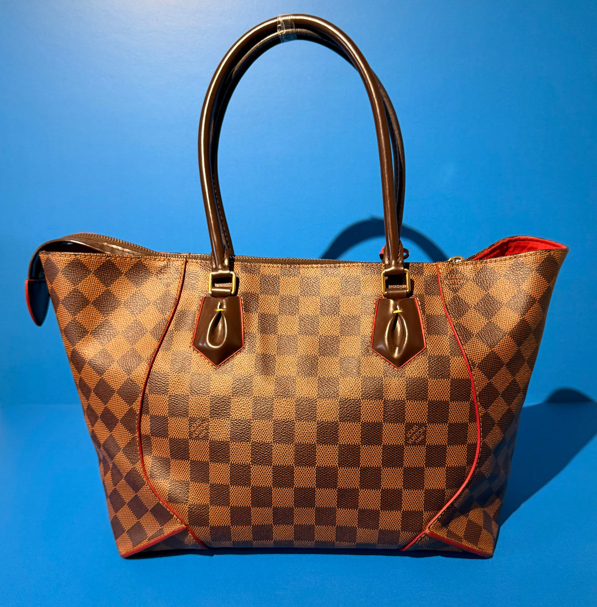 Louis Vuitton Caissa MM Damier Ebene Tote Bag Red Cerise Leather Trim
