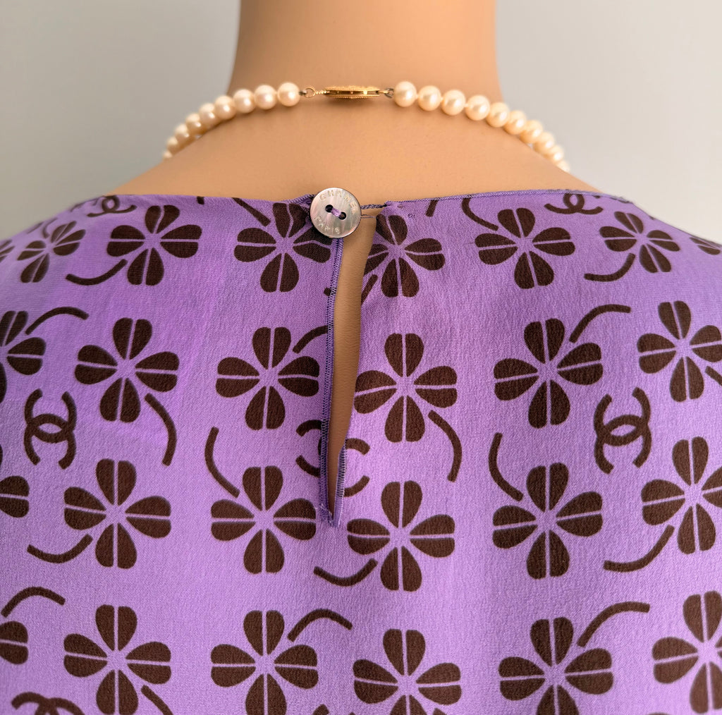 Rare Vintage Chanel 2002 Purple CC Monogram Floral Silk Wool Top & Skirt Set FR36