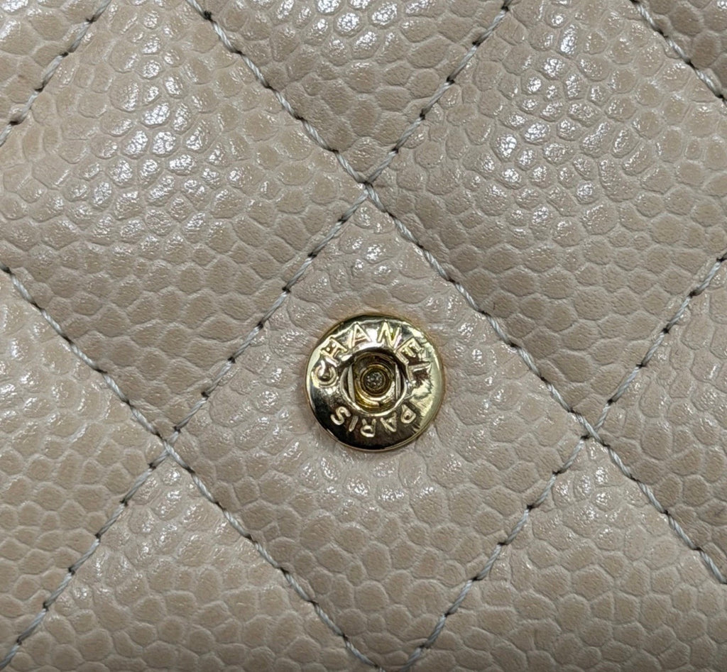 Chanel Caviar Quilted Flap Card Holder Wallet Beige Gold Hardware