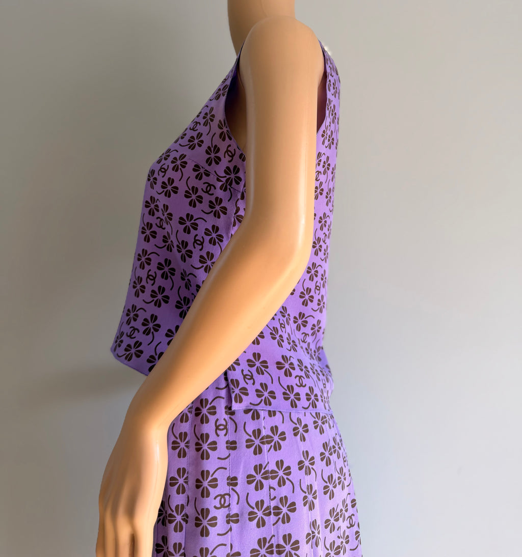 Rare Vintage Chanel 2002 Purple CC Monogram Floral Silk Wool Top & Skirt Set FR36