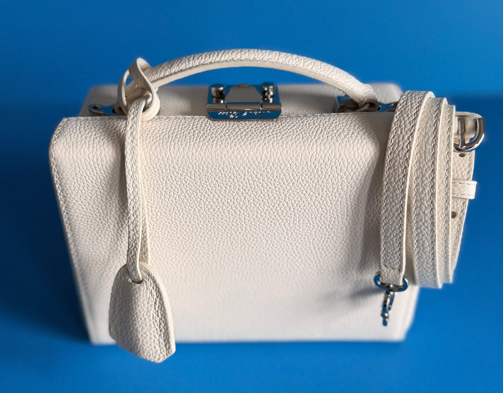 Authentic Mark Cross 1845 Mini Trunk Bag Bone Pebbled Leather Red Lining NWT