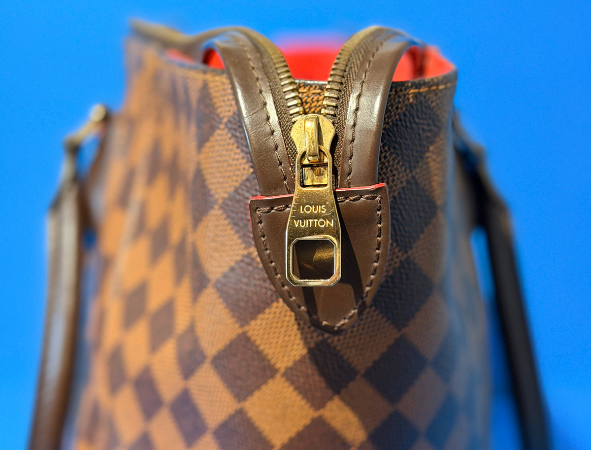 Louis Vuitton Caissa MM Damier Ebene Tote Bag Red Cerise Leather Trim