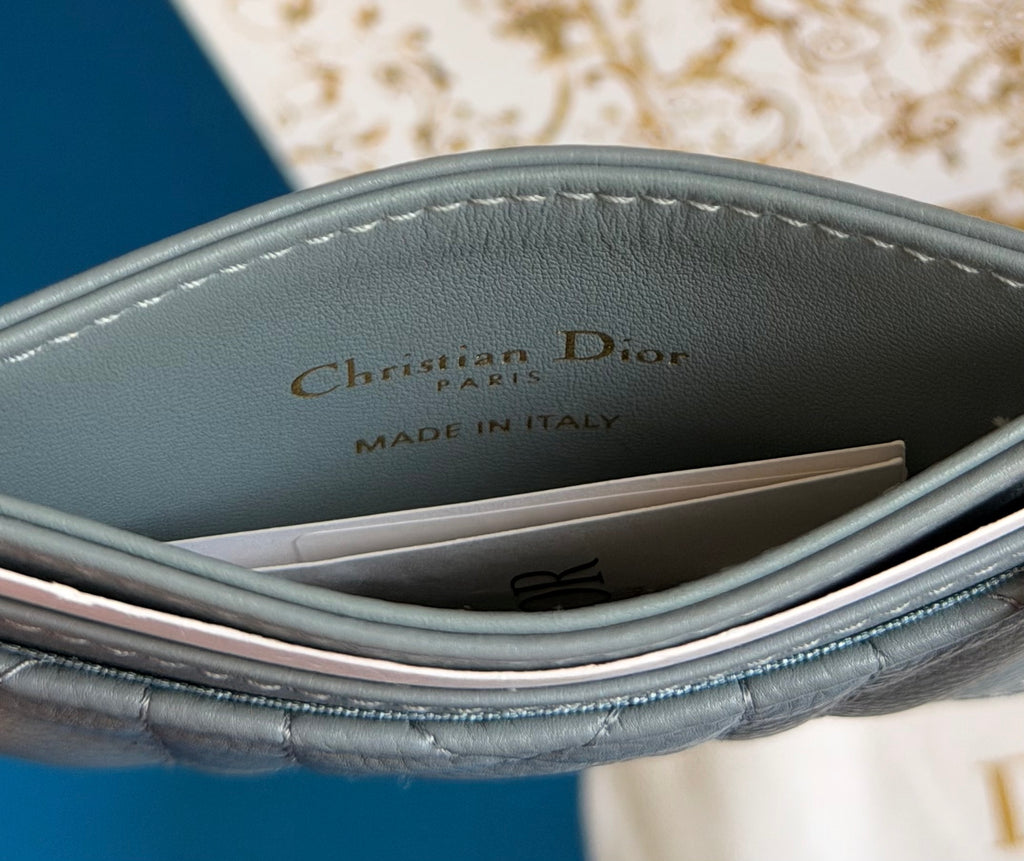 Christian Dior Calfskin Cannage Caro Freesia Card Holder Cloud Blue