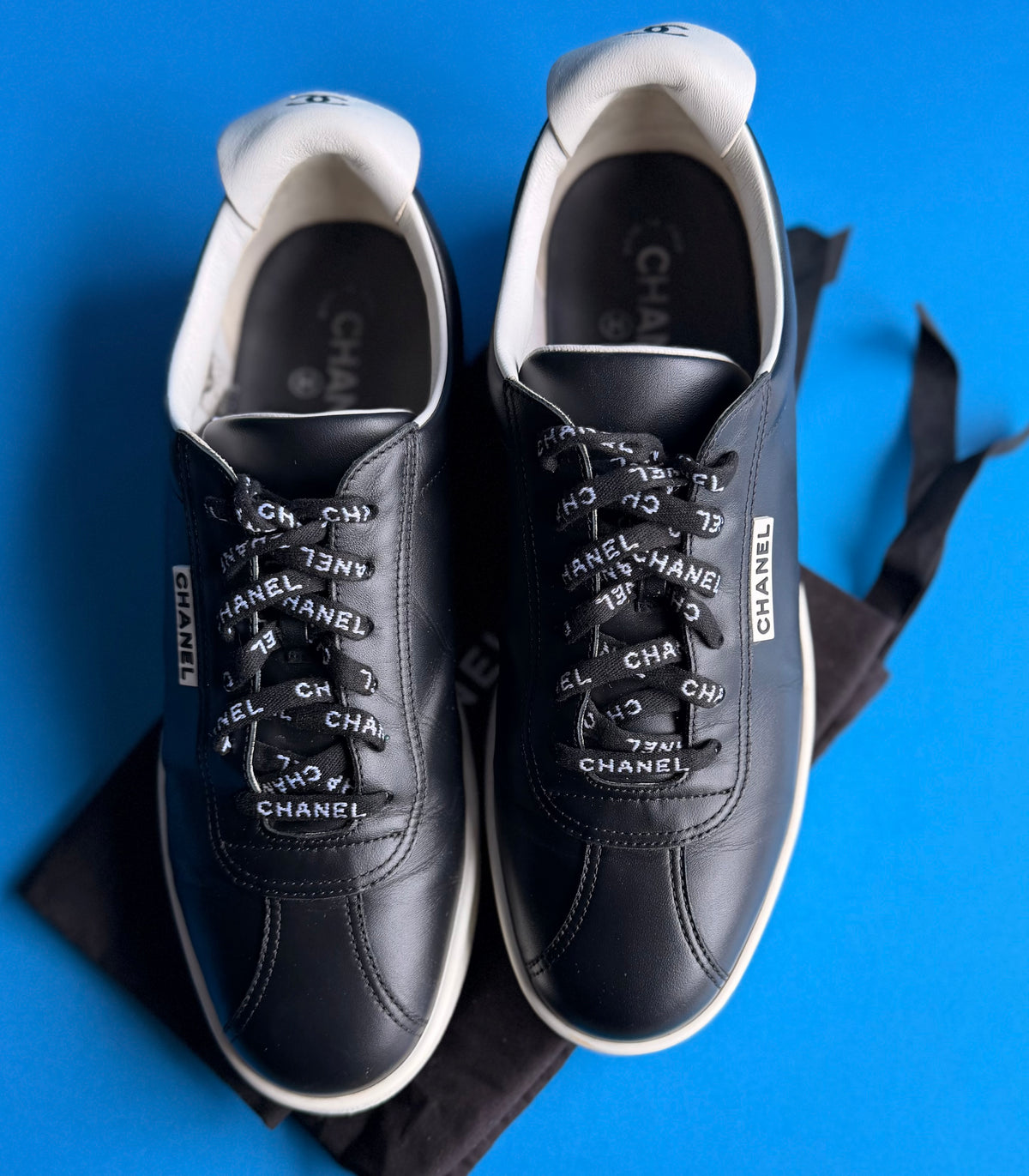 Chanel Black Leather Logo Lace Low-Top Sneakers Size 38 (US 8)
