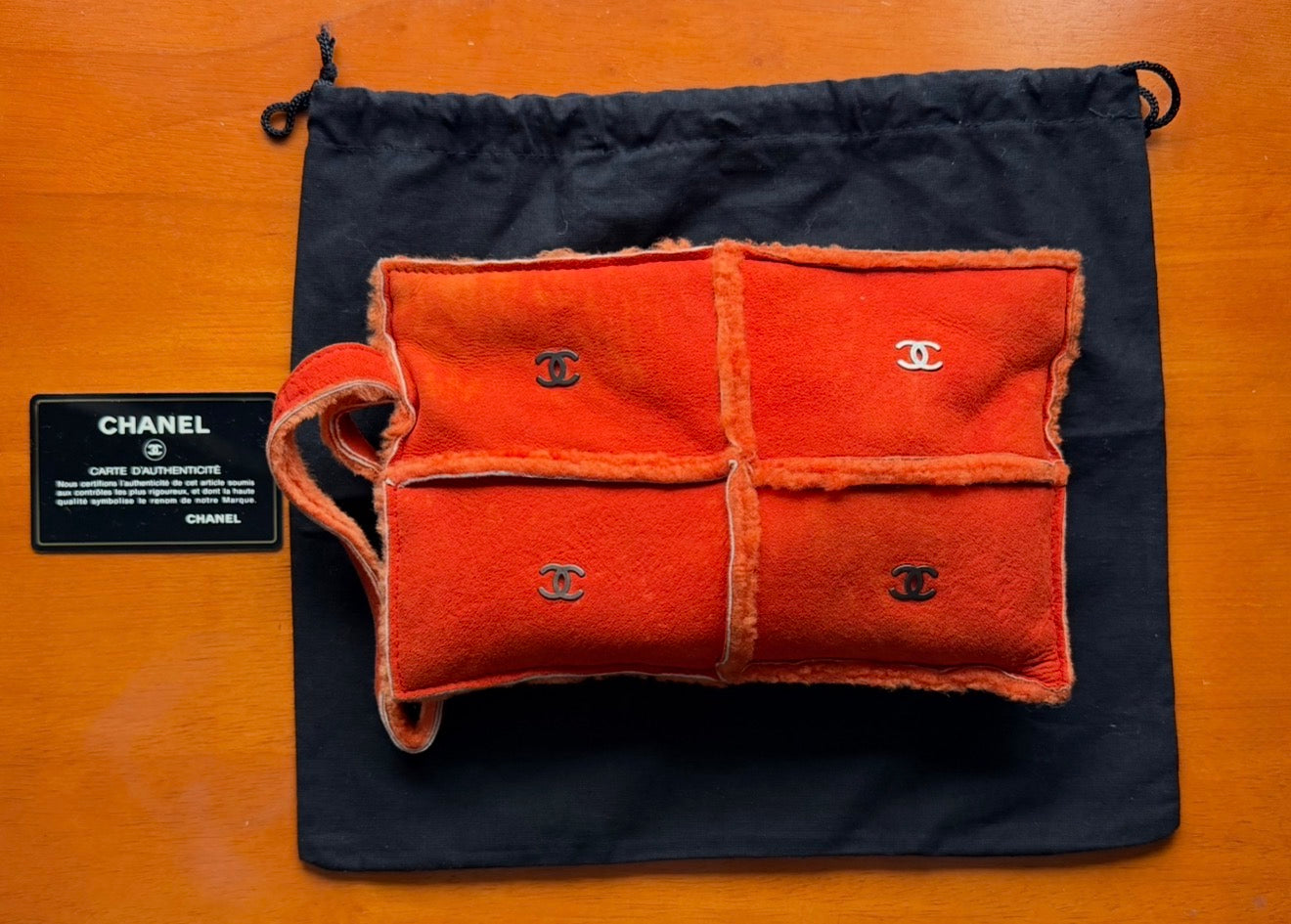 Rare Chanel Vintage Orange Shearling Suede Clutch Bag