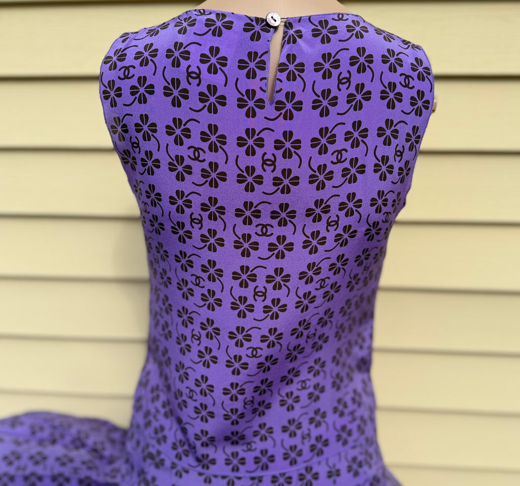 Rare Vintage Chanel 2002 Purple CC Monogram Floral Silk Wool Top & Skirt Set FR36