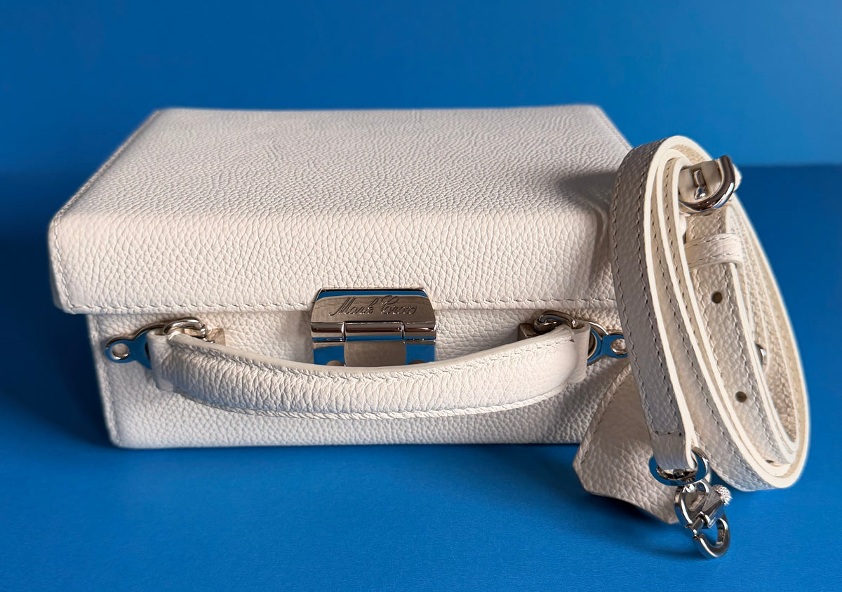 Authentic Mark Cross 1845 Mini Trunk Bag Bone Pebbled Leather Red Lining NWT
