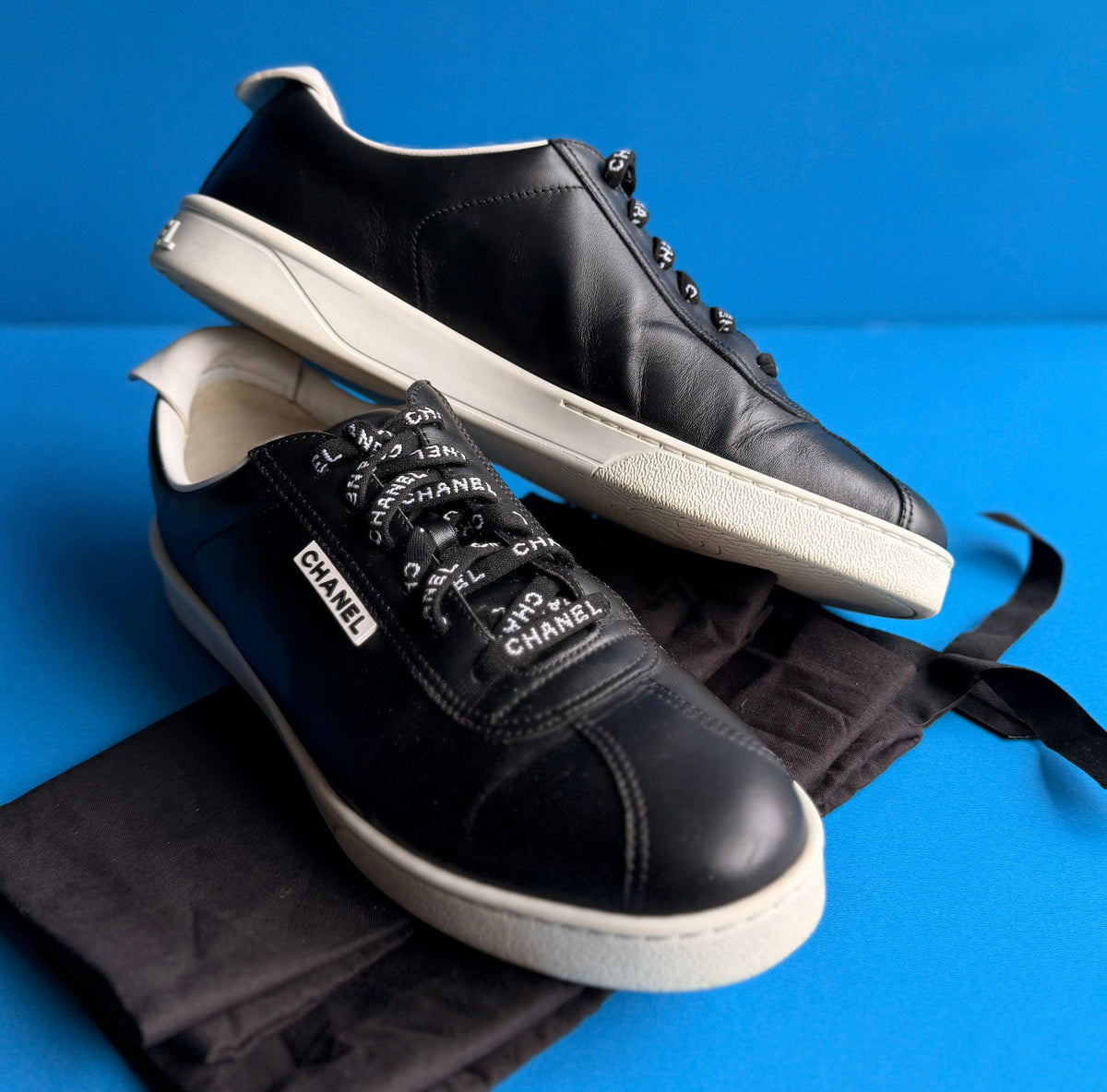Chanel Black Leather Logo Lace Low-Top Sneakers Size 38 (US 8)