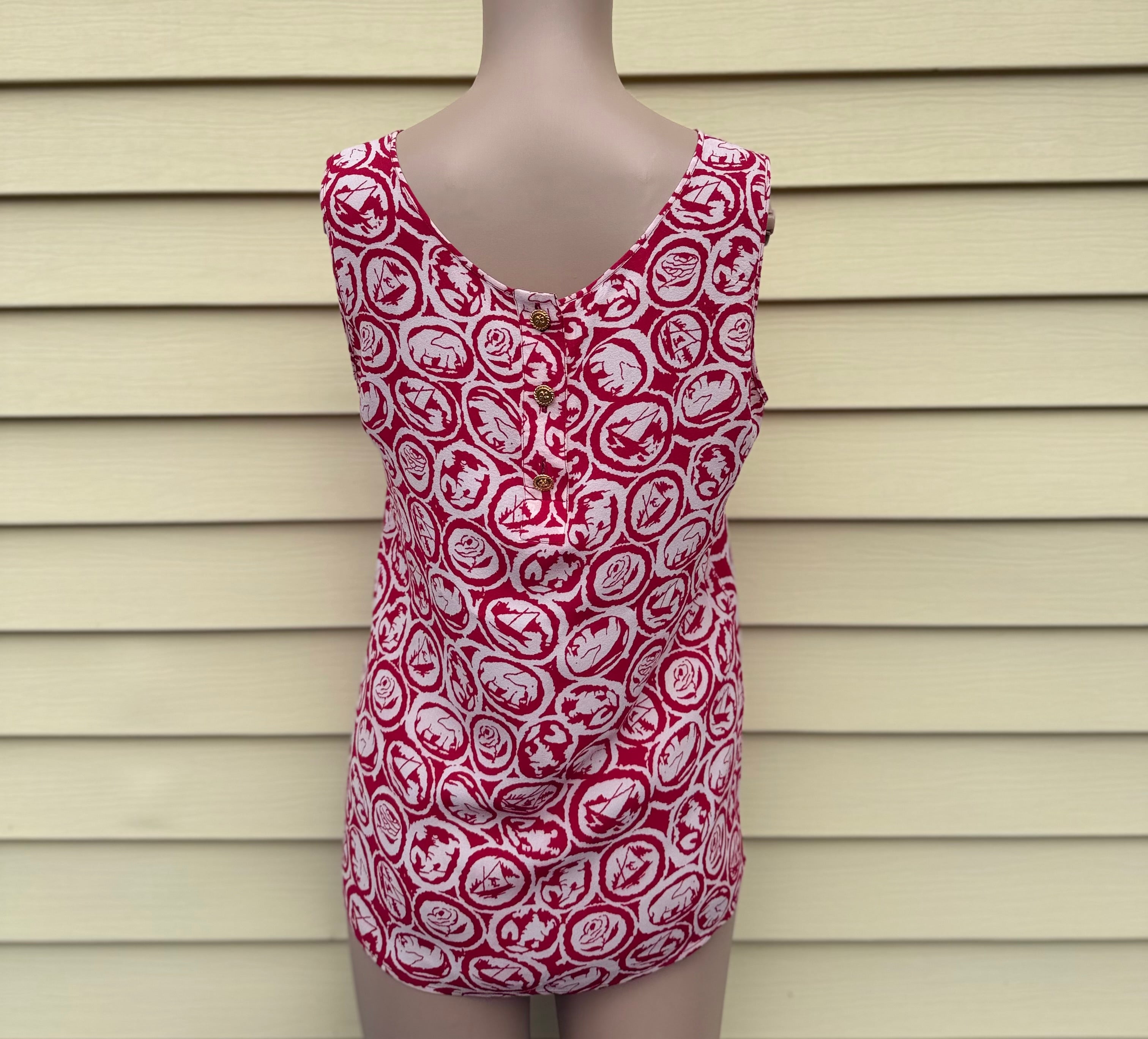 Vintage Chanel Red & Ivory Graphic Print Sleeveless Top Karl Lagerfeld Era Made in France (36)