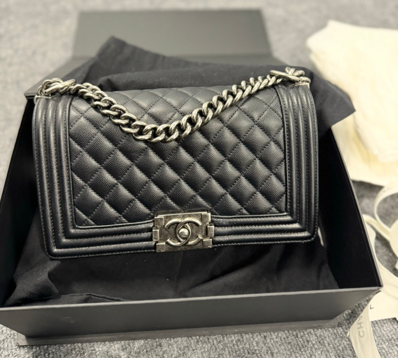 Chanel Medium Boy Bag In Caviar Leather With Silver Hardware
